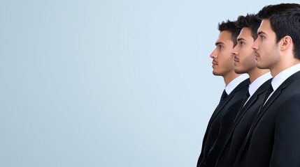Side profile of three young hispanic males in suits facing left aligned in a row