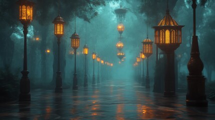 Illuminated Pathway Through A Foggy Forest With Ornate Lanterns