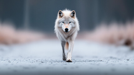 White wolf walking on snowy ground.