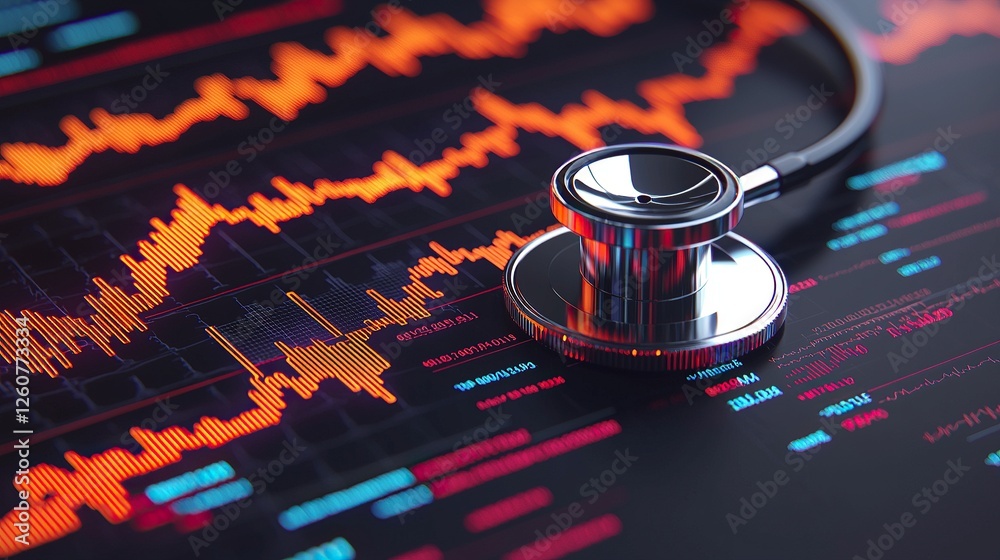 Aufkleber Stethoscope and digital health chart concept. Stethoscope on a digital health monitoring display with colorful waveforms.