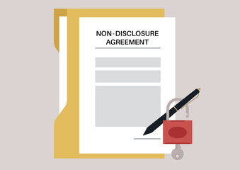 A non-disclosure agreement arranged with a padlock symbolizes the importance of confidentiality in business dealings, ensuring sensitive information remains protected and secure