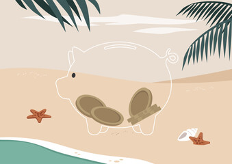 Vacation budget, a piggy bank enjoying a relaxing time off on a tropical beach surrounded by serene waves and sun-kissed sands