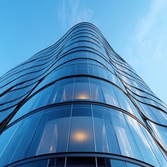 3D stimulate of high rise curve glass building and dark steel window system on blue clear sky background