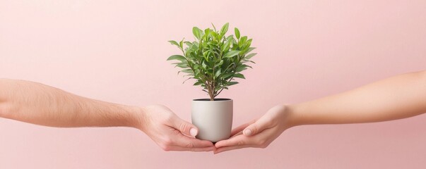 Hands Passing a Small Potted Plant Against a Soft Pink Background Representing Growth and Exchange