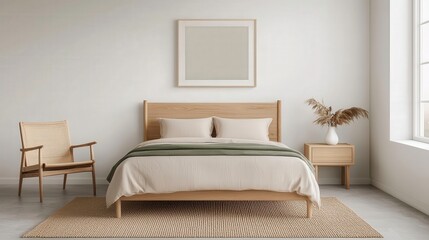 Serene minimalist bedroom calming neutral tones natural wood furniture peaceful atmosphere