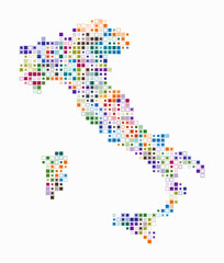 Italy, shape of the country built of colored cells. Digital style map of Italy on a white background. Small size square blocks. Creative vector illustration.