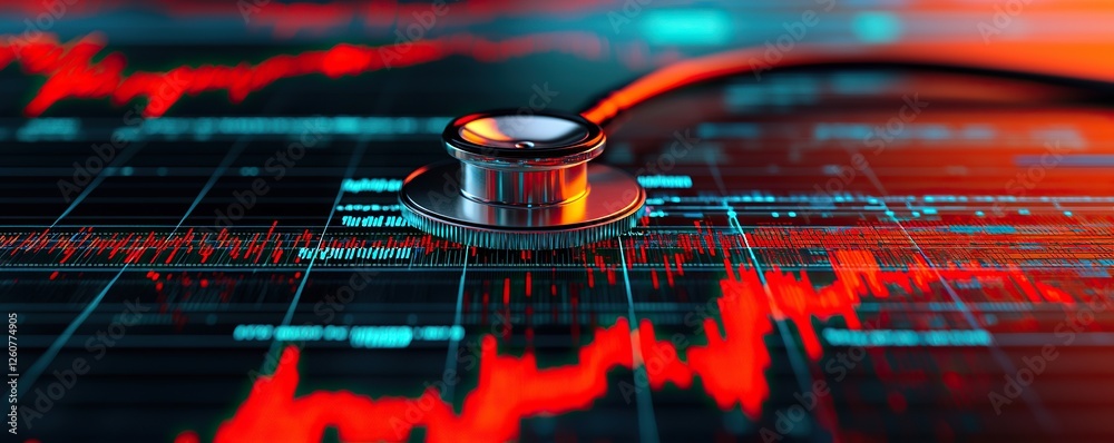 Aufkleber Stethoscope and digital health chart concept. A stethoscope rests on a digital graph, symbolizing health monitoring and data analysis.