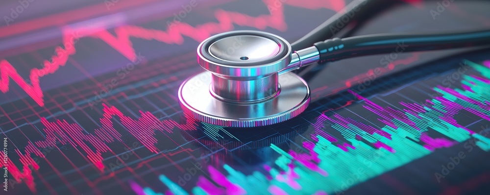Aufkleber Stethoscope and digital health chart concept. Stethoscope on a digital display with fluctuating health data graphs.