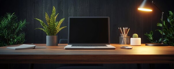 Modern Office Workspace with Laptop, Plants, and Stationery for Contract Drafting and Legal Consulting