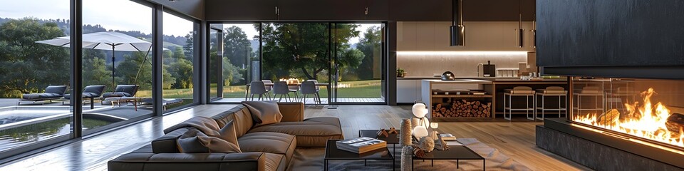 Modern home featuring country living room, fireplace, terrace view, open kitchen area for socializing and dining.