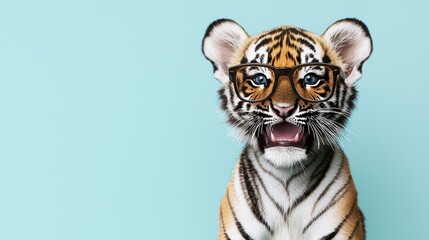A playful tiger with glasses smiles against a pastel blue background, combining cuteness and whimsy in a unique portrayal.