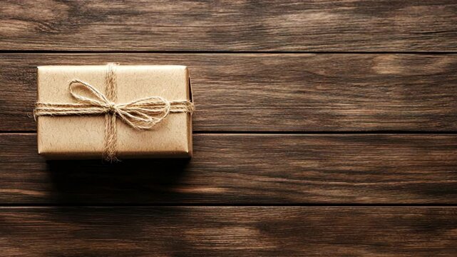 Gift box wrapped in brown paper and twine placed on rustic wooden table surface