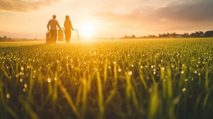 Couple walking through a dewy field at sunrise. Possible use travel, vacation, romance