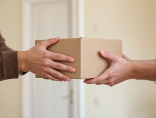 Two adults exchanging a cardboard box indoors