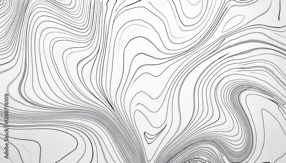 Poster minimalist abstract line art with fluid contour patterns, black ink organic waves on white, topograp