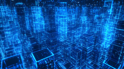 Abstract Digital Cityscape with Blue Glowing Lines Represents Modern Technology