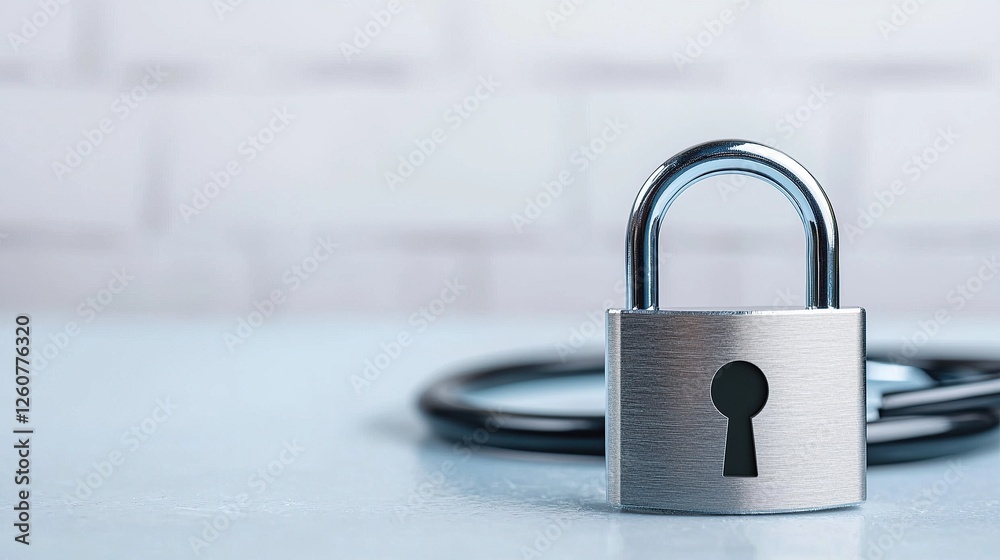 Poster a metallic padlock sits on a light surface, symbolizing security and protection.