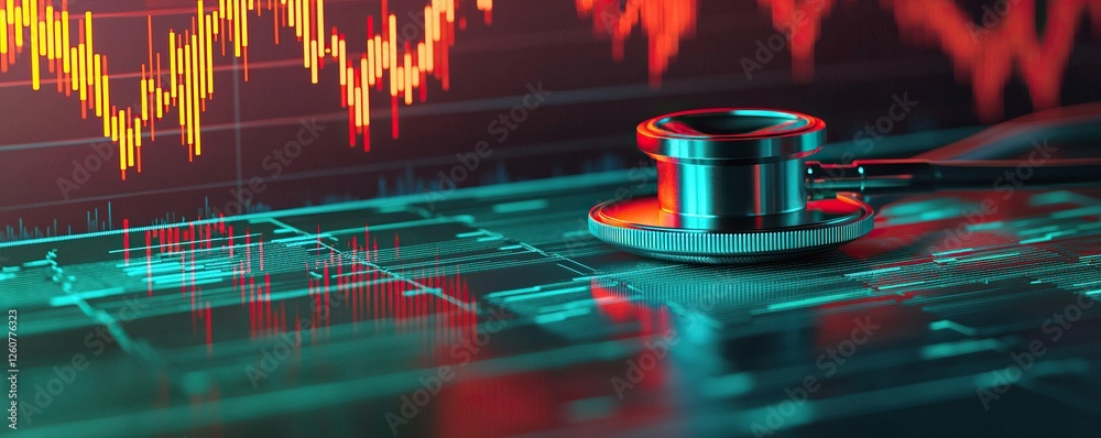 Aufkleber stethoscope and digital health chart concept. a stethoscope rests on a digital chart, symbolizing he