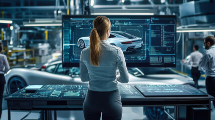 Female Automotive Engineer Uses Digital screen with Augmented Reality for Car Design Analysis and Improvement. 3D Graphics Visualization Shows Fully Developed Vehicle Prototype Analysed and Optimized