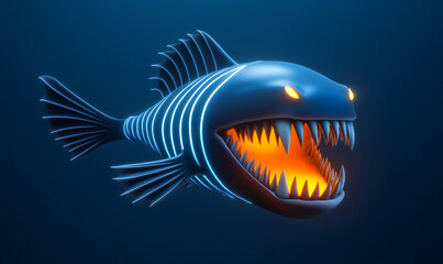Bioluminescent deep sea predator with glowing veins and sharp teeth