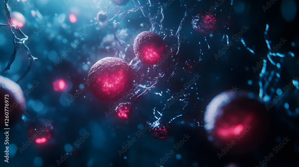 Poster Captivating abstract digital showcasing a dynamic display of colorful energy particles or molecules swirling and pulsing in a futuristic cosmic space environment