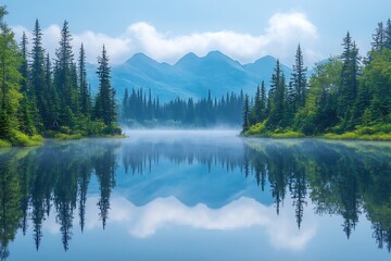 Serene lake reflecting majestic mountains and lush forests under a clear blue sky