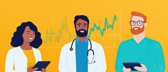 Fototapeta premium Stethoscope and digital health chart concept. Three healthcare professionals smiling, with a growing graph on a vibrant yellow background.