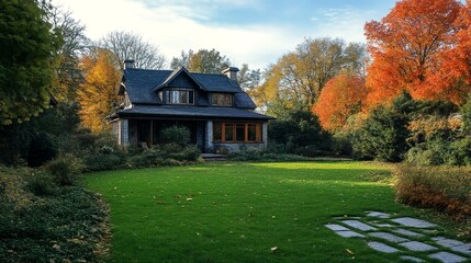 A house with a large yard and trees changing colors.