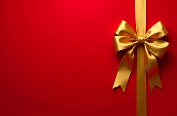 Golden bow with golden ribbon on red background. Copy space. Design.