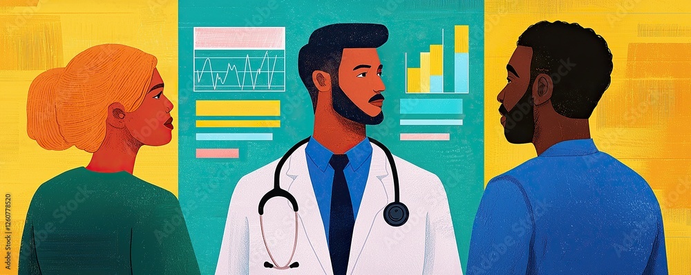 Poster stethoscope and digital health chart concept. three professionals discuss health data, with a doctor
