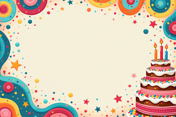 Obraz premium Birthday card with a colorful, whimsical illustration of a multi-tiered cake with pink and white frosting, surrounded by a starry background in shades of blue, orange, and yellow.