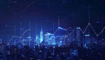 Modern cityscape with glowing forex chart. Trade and finance concept