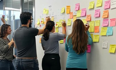 Team brainstorming session with colorful sticky notes on a wall in a modern office environment