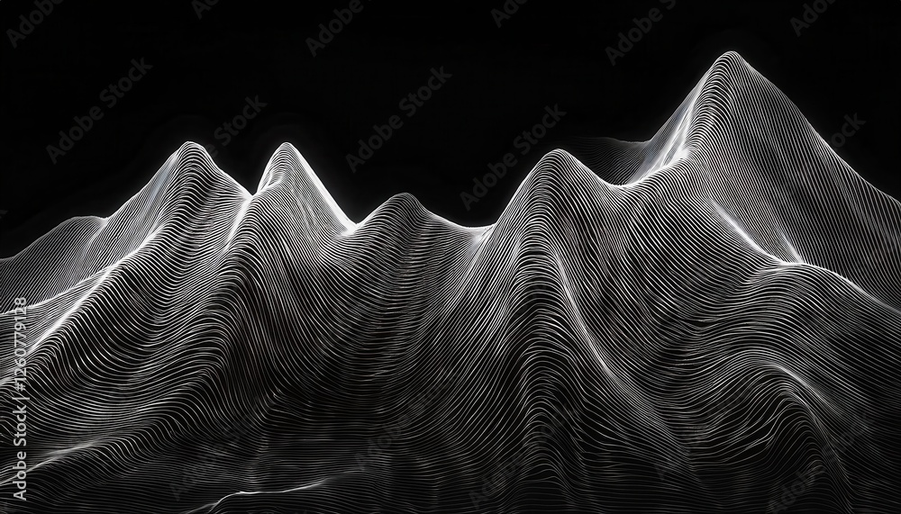 Poster dynamic digital wireframe landscape for futuristic design and data visualization, flowing lines on black background

