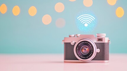 Fototapeta premium Digital Camera with WiFi Hologram and Bokeh Background Display