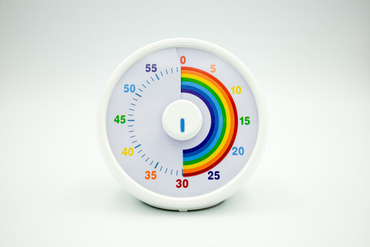 Colorful circular kids timer with rainbow sections and white frame
