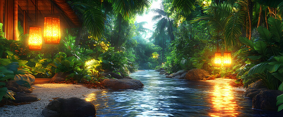 Pixel Art Jungle Stream With Glowing Lanterns