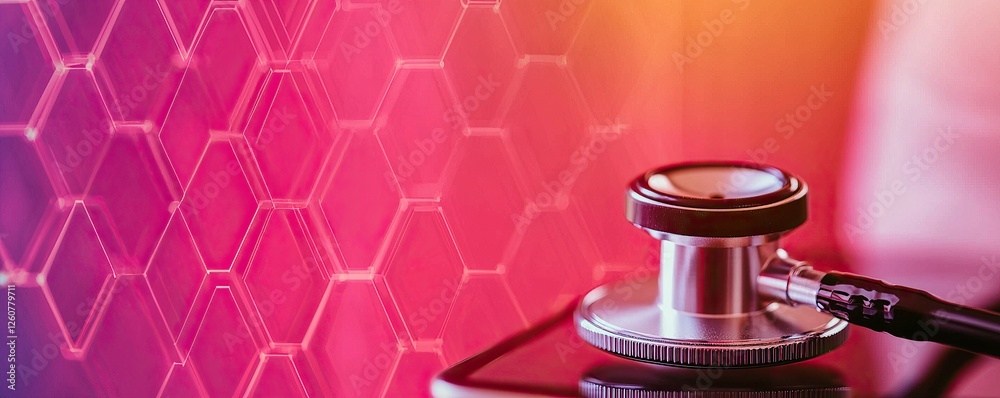 Aufkleber Stethoscope and digital health chart concept. Stethoscope on smartphone with a colorful hexagonal background representing health technology.