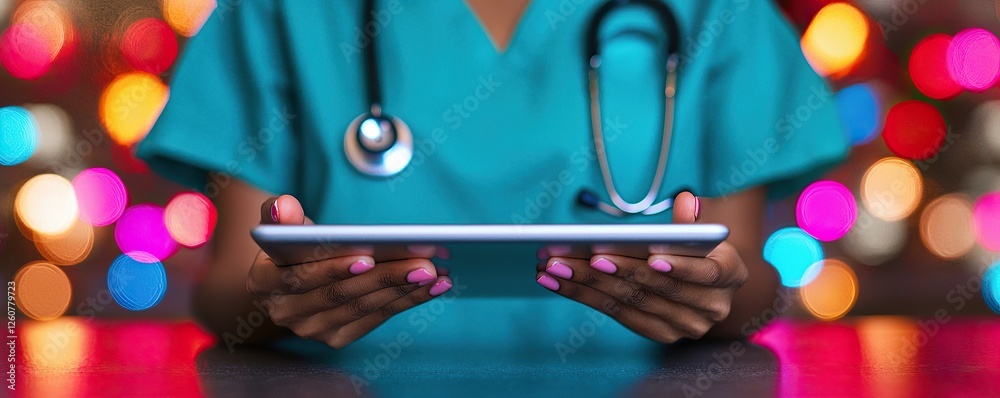 Aufkleber stethoscope and digital health chart concept. medical professional in scrubs holds a tablet, illumin