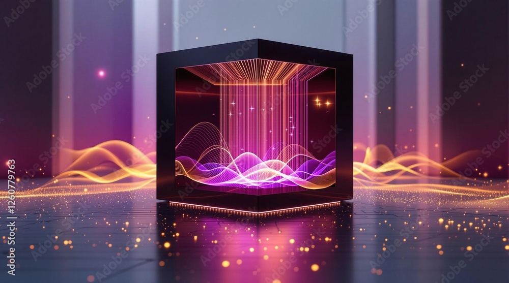Poster a digital artwork featuring a vibrant, neon-lit cube on a reflective surface, surrounded by a gradie