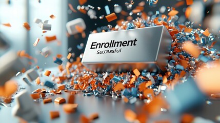 Successful enrollment celebratory confetti metallic box achievement accomplishment success registration confirmation digital online message notification 3D render abstract technology futuristic