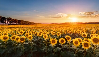 Fototapeta premium Scenic view of a sunflower field at sunset, creating a picturesque landscape with warm and vibrant colors