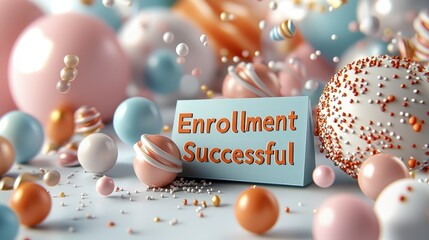 Joyful celebration of successful enrollment pastel spheres confetti