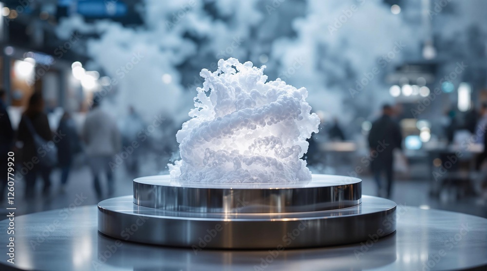 Poster a hyper-realistic snow sculpture placed on a circular platform in the middle of a bustling city stre