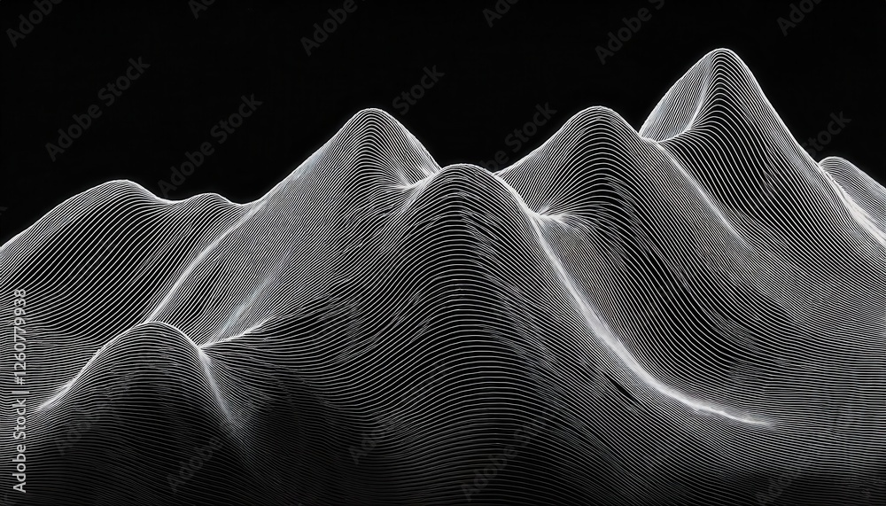 Aufkleber dynamic digital wireframe landscape for futuristic design and data visualization, flowing lines on black background

