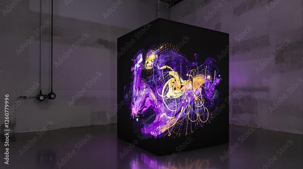Poster a vivid, three-dimensional cube suspended in a room, illuminated by a mesmerizing blend of purple an