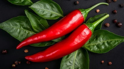 Glasschilderij  Fresh red peppers with vibrant green leaves on dark background  © Fareedoh