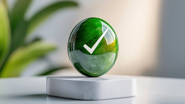Green checkmark success confirmation approval verification marble stone oval symbol digital technology achievement accomplishment completion positive affirmation graphic design illustration object