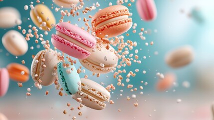 Delightful pastel macarons falling in mid air, whimsical and joyful image of confectionery