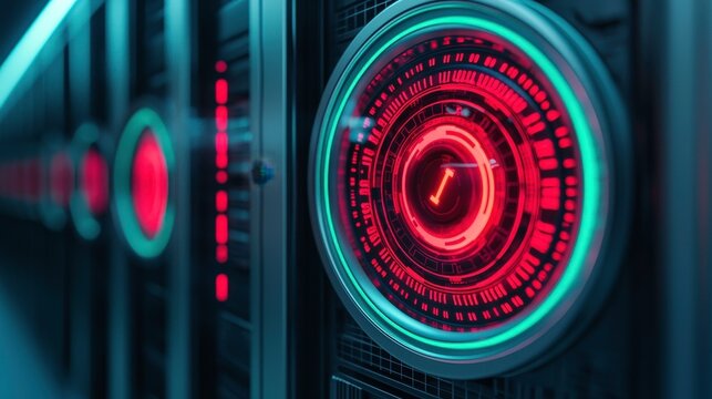 Futuristic data vault secure server glowing interface digital security technological innovation system access encrypted data privacy shield red alert network security data protection cyber
